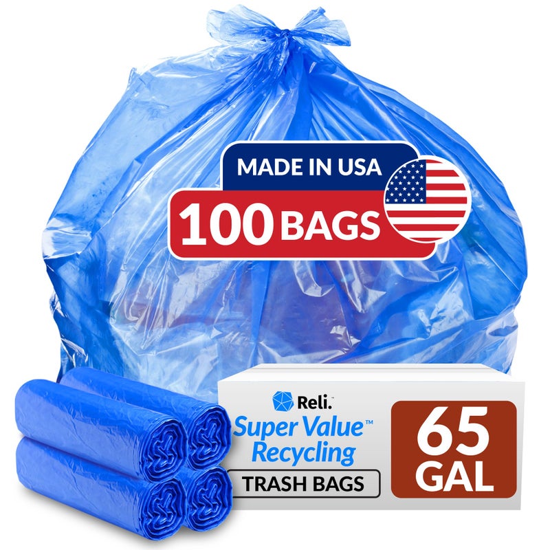 Reli. 65 Gallon Blue Recycling Bags, 100 Count, Heavy Duty, Large Trash Bags - Image 1